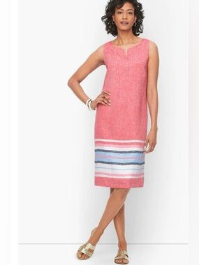 Talbots Linen Seaside Stripe Shift Dress Split Neck Pink Coral Blue size 4